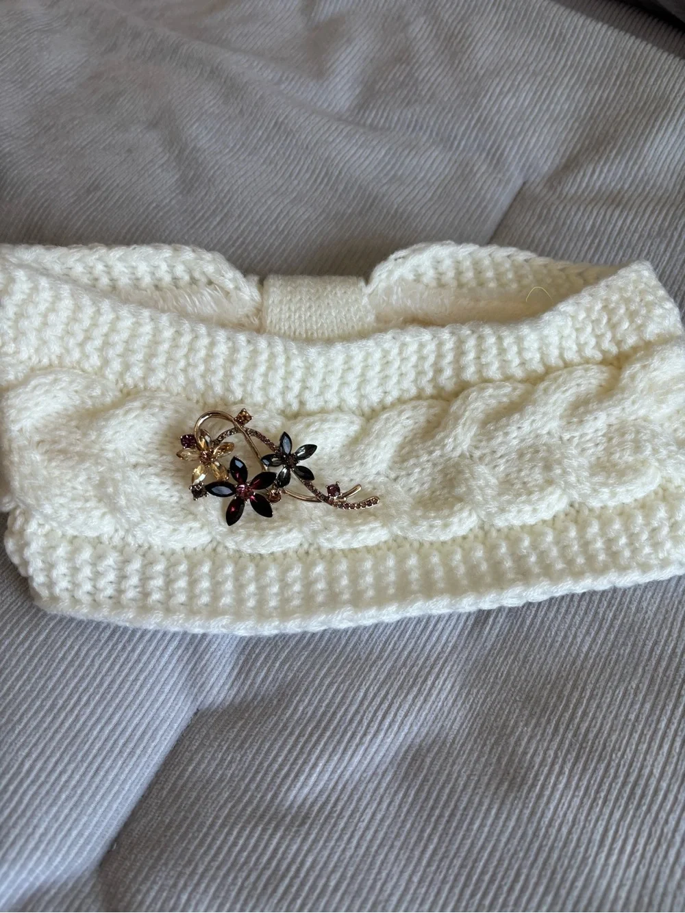 Ivory Knit Headband with Decorative Floral Brooch